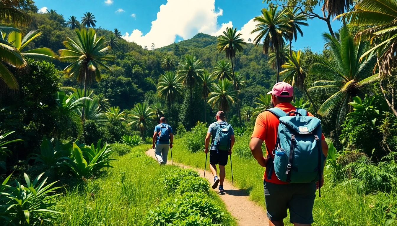 Hiking in Lombok's lush forests with adventurers on a scenic trail, emphasizing outdoor exploration.
