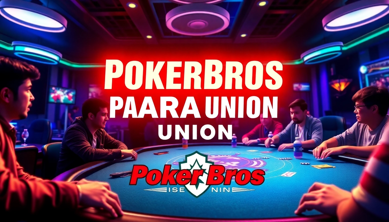 Pokerbros Paradise Union club players engaging in online poker games with lively atmosphere and dynamic visuals, highlighting community spirit.