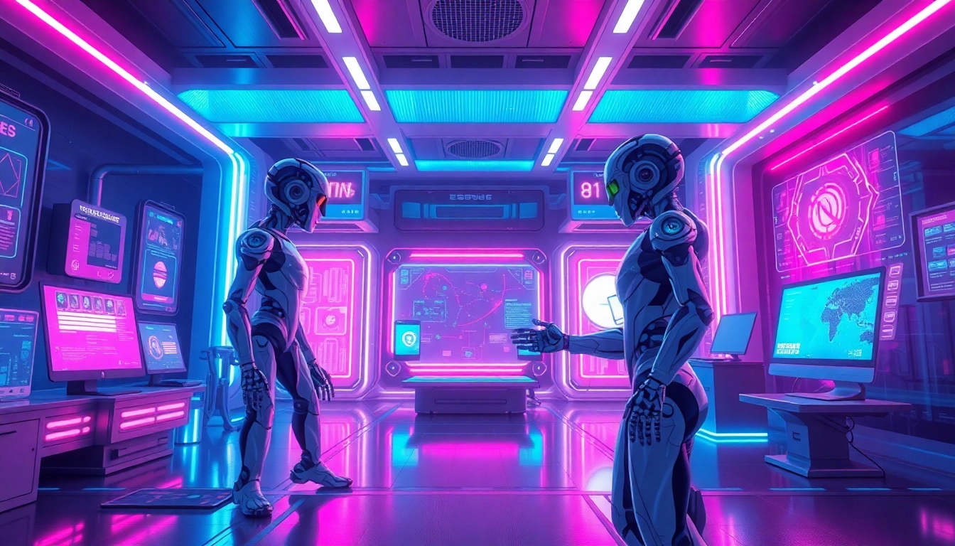 Futuristic AI workspace with holograms and robotic figures in vibrant neon colors.