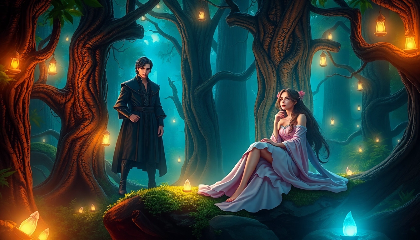 Fantasy scene of two characters in a glowing forest, one alpha and one omega, with mystical lighting and detailed textures.