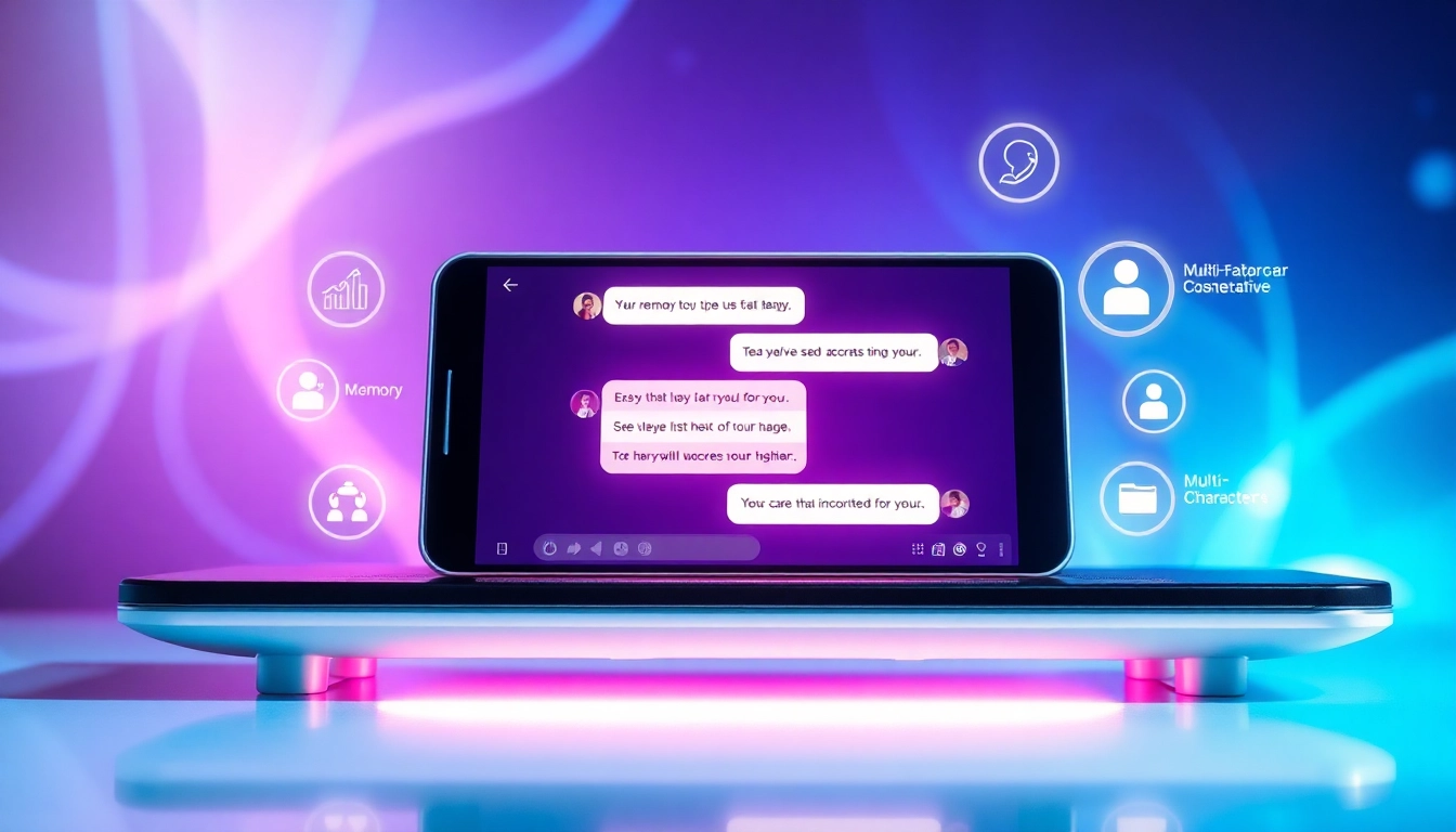 Futuristic chat interface on a sleek device screen with glowing abstract background and holographic AI elements.
