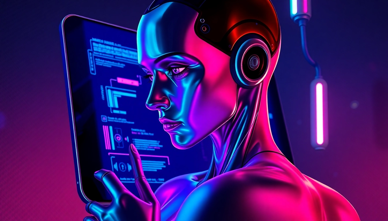 Futuristic AI character with metallic and luminous features in a high-tech environment, evoking a seductive and advanced atmosphere.