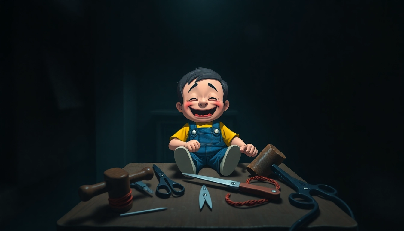 A disturbing scene of a cheerful cartoon character restrained on a table with violent tools nearby, evoking psychological horror and moral conflict.