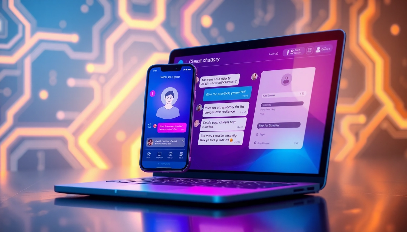 An illustration of a user interacting with AI chatbots on devices, featuring futuristic digital interfaces and customizable characters in a vibrant, high-tech environment.