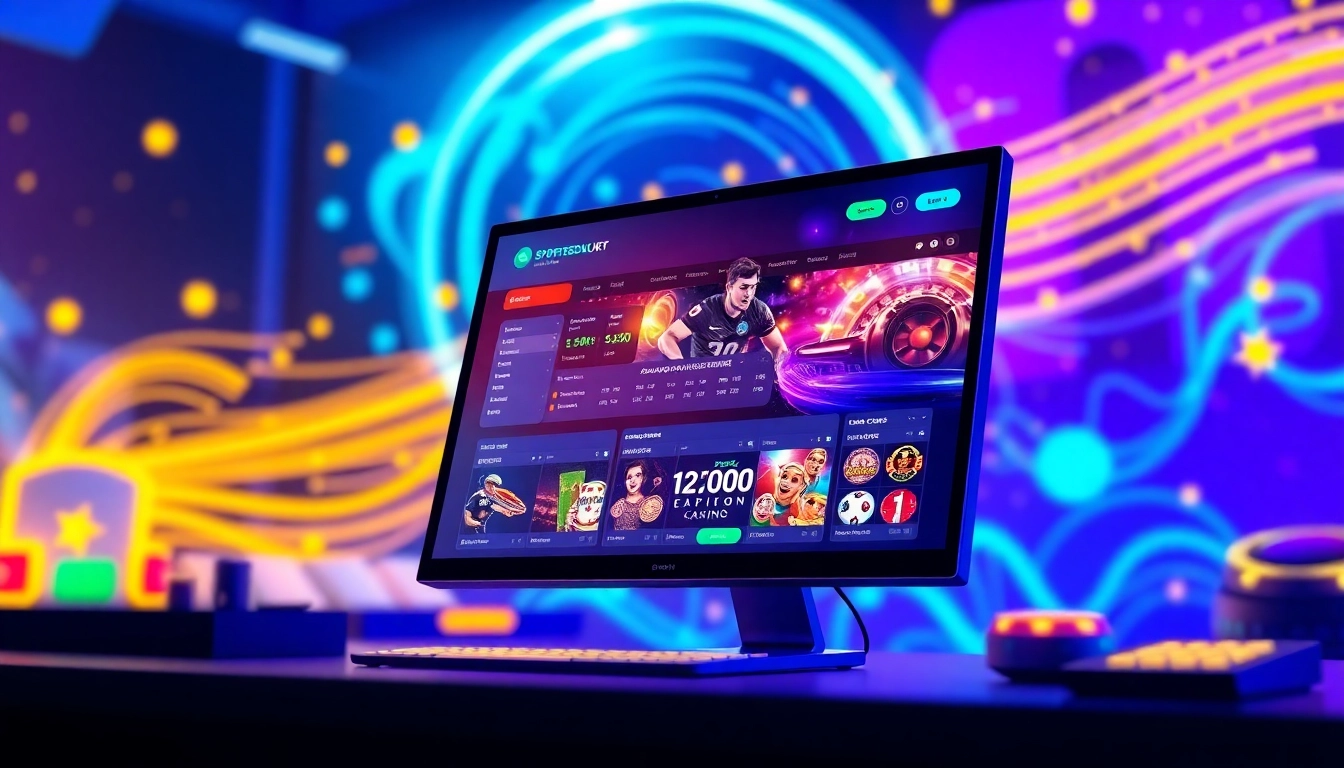 Digital illustration of an online sportsbook and casino platform with vibrant betting odds and live gaming options on a high-tech screen.