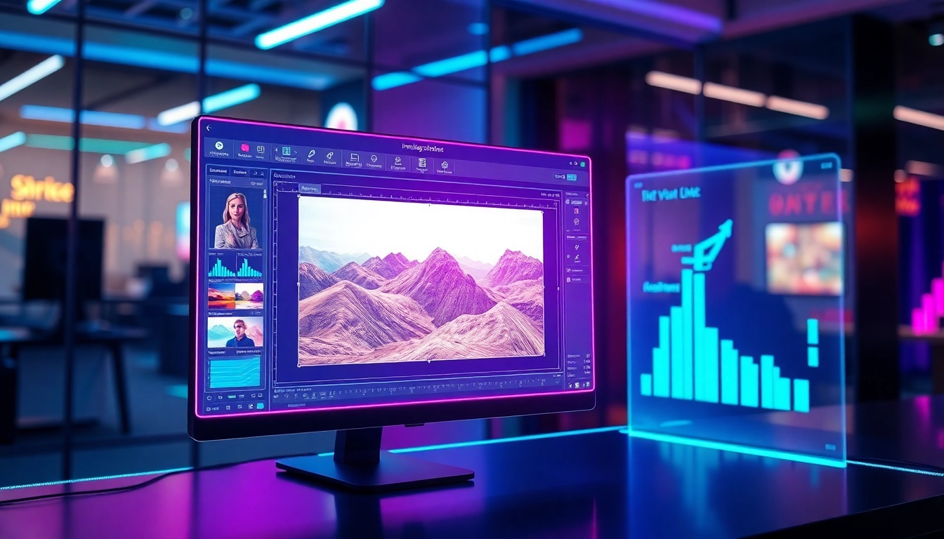 Futuristic digital workspace with holographic image editing tools illuminated by vibrant neon lights.