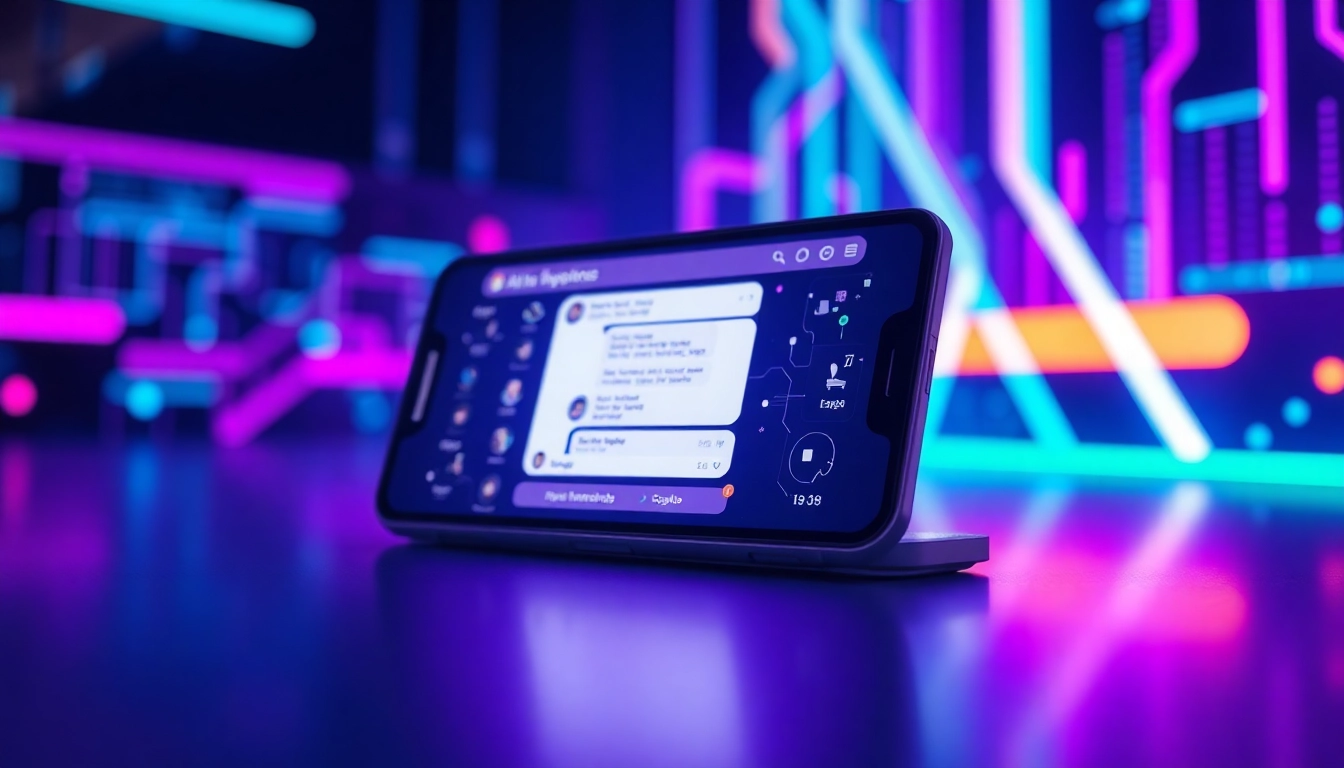 Futuristic AI chatbot interface on a modern device with glowing neon lights and holographic elements.