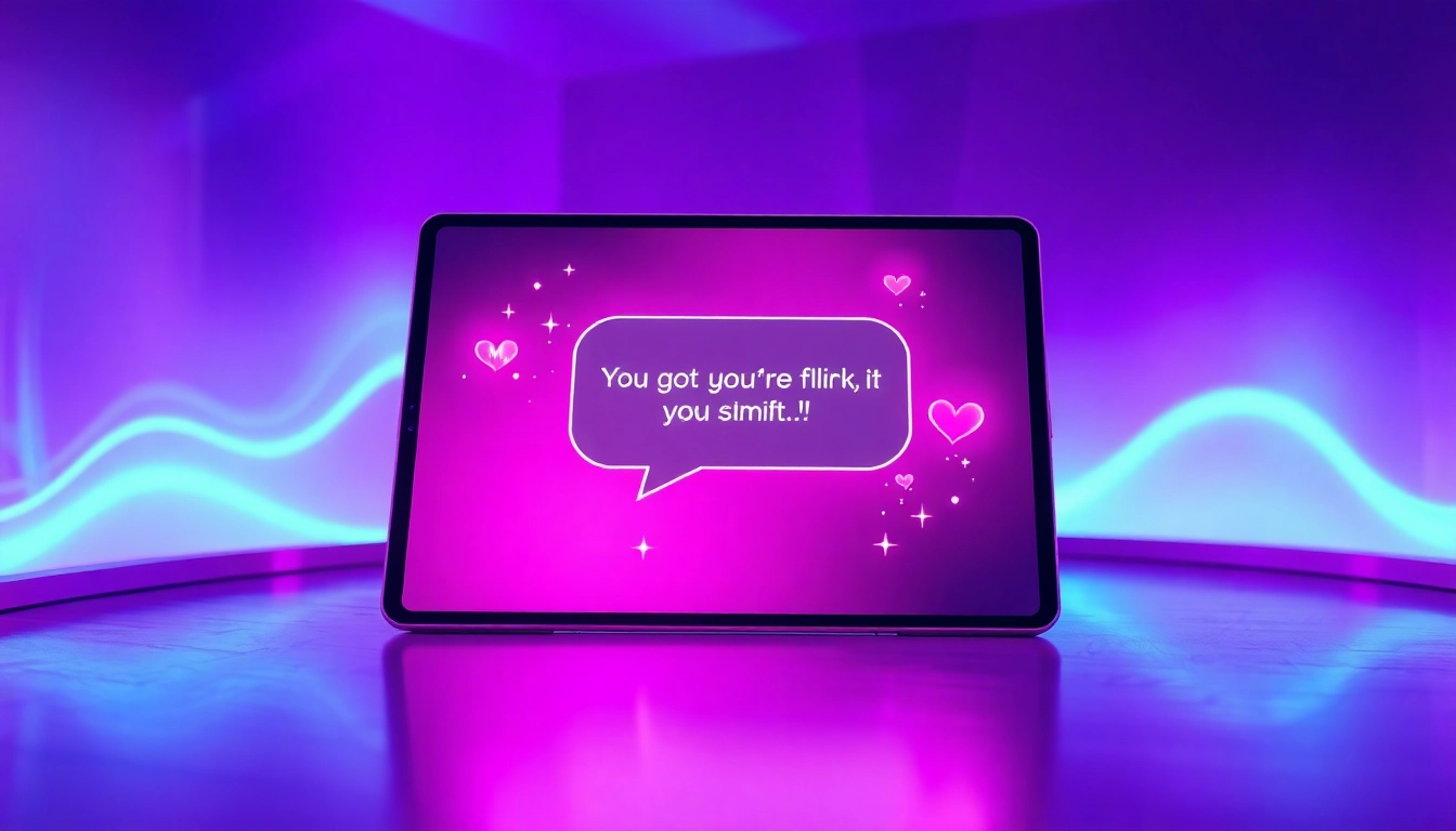 Futuristic digital chat interface with neon colors and holographic elements, evoking a seductive and playful mood.