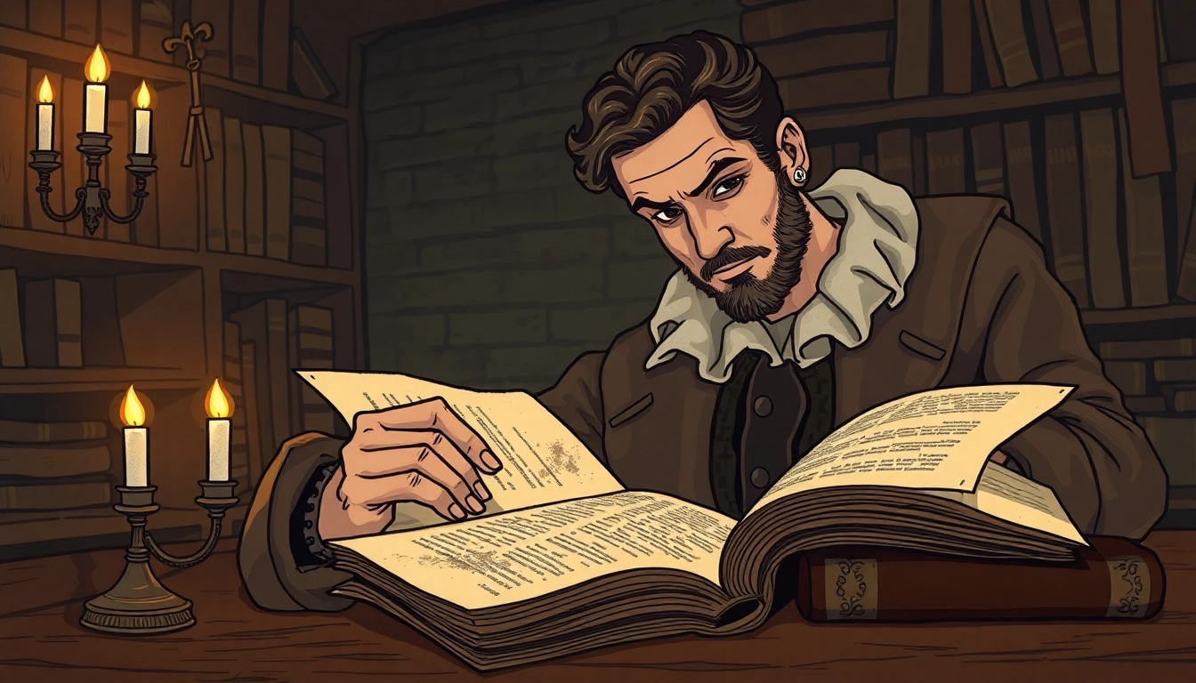 Historical scholar examining old manuscripts in a dimly lit room with rustic decor.