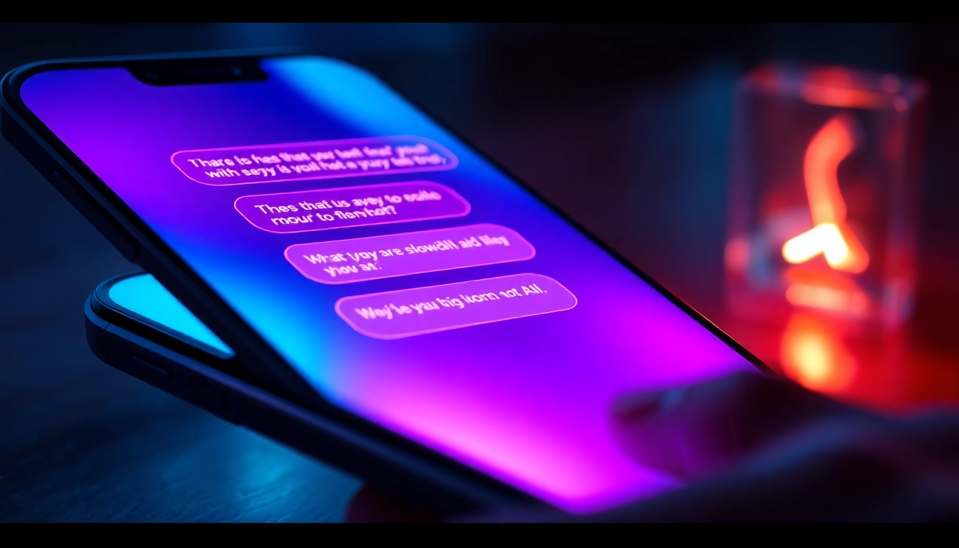 Close-up of a smartphone displaying an AI chat interface with vibrant, glowing colors and suggestive conversation bubbles.