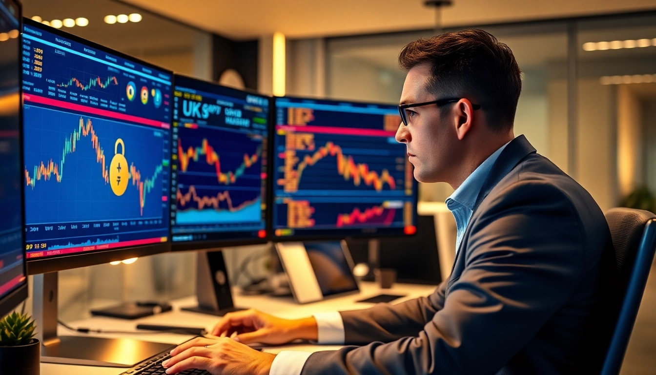 UK Commodities Investment News analysis featuring gold, oil, and financial charts in a modern office